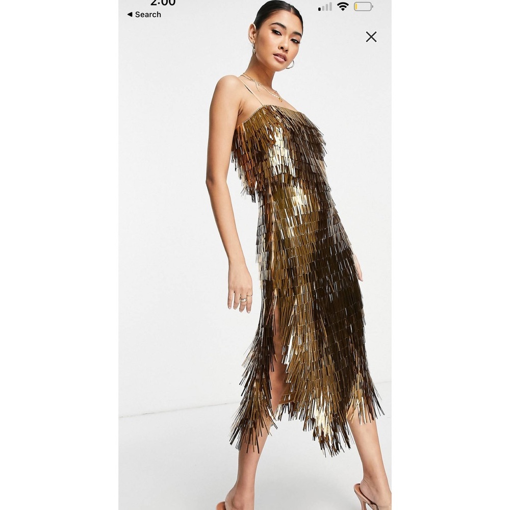 ASOS DESIGN shard detail midi dress with sheer waist detail in gold